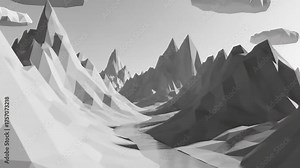 A minimalist black and white mountain landscape with a river is rendered in a stylish low poly a digital art style popular in video games and animation.