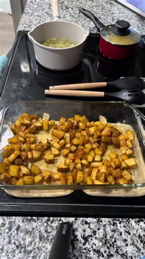 Directions: Oven diced potatoes 🫶🏻 First step: spray your pan with olive oil (I use a 9x13 dish) Second step: dice your potatoes Third step: drizzle some olive oil Season with: chilli powder Onion powder Salt Pepper Garlic powder Fourth step: preheat the oven to 400 degrees and place it in the oven for 40 mins. **You can also add sliced butter on top for some additional flavor Fifth step: take it out and enjoy! We paired this with steak, corn, and French style green beans! #cook #cookwithme