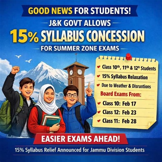 JKBOSE Results on Instagram: "🎉 Good News for Students! J&K Govt has announced 15% syllabus concession for Class 10th, 11th & 12th (Summer Zone) students appearing in annual regular exams of Jammu Division. 📌 Exam Dates: 🗓️ Class 10 – Feb 17 🗓️ Class 12 – Feb 23 🗓️ Class 11 – Feb 28 This decision aims to ensure students don’t face any academic disadvantage due to disruptions last year. ✅ #JKBOSE #JKStudents #GoodNews #BoardExams2026 #JammuKashmir EducationNews KSAnews"