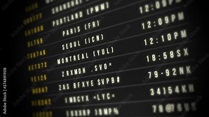 Airport Departure Board Loop/ 4k animation of an airport departure board with flight, destination, time and decoding text seamless looping