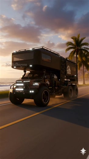 Ford | F-650 | “Jurassic Spec” – AI digital apocalypse-class 6x6 expedition rig built like it rolled straight out of a dinosaur containment unit. Matte brown/black armor cab mated to a full-length tactical camper pod, triple rear axle, external ladders, snorkel intake, front winch bumper, roof perimeter lighting, and blackout steel wheels on heavy sidewall mud tires. Under the hood: a supercharged HEMI-style V8 with blower scoop and long-tube headers feeding this monster. Cockpit is pure command