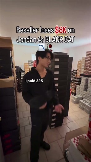 WELP BLACK CAT 4s GOT HIM DOWN BAD One reseller is feeling the pain after the Air Jordan 4 “Black Cat” crash wiped out nearly $8K from his pockets. I knew he was baked when I seen all them old ahh Yeezys. But I'm sure he'll be back up soon ALL BLACK JORDANS ALWAYS GROW OVER TIME! Just got to wait it out. 👨🏽‍🍳👁️🦇 • • • • • • #Retro #Jordan #Jumpman #FYP #BlackCat