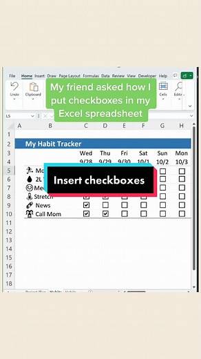You can use Excel for so much more than data spreadsheets - like to do lists & habit tracking! Use these checkboxes to do so! #excel #excelhack #exceltipsandtricks #exceltips #microsoftexcel #spreadsheet #newtoexcel #excelforbeginners #spreadsheets