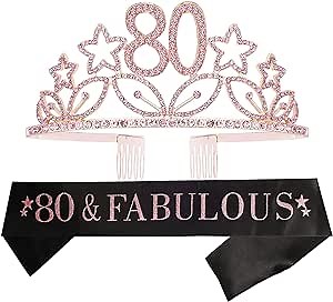 MEANT2TOBE 80th Birthday Sash and Tiara for Women - Fabulous Glitter Sash + Stars Rhinestone Pink Premium Metal Tiara for Her, 80th Birthday Gifts for 80 Celebration