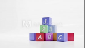 Cartoon toy pyramid of colorful cubes for kids. Wooden, plastic block shapes with numbers and letters on white background dynamic balls. Children constructor for fun games, motor skills development