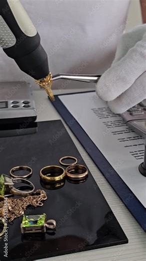 Jewelry appraisal process for gold rings and gemstones in a store during the afternoon