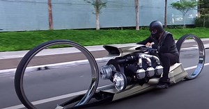 Airplane Engine Powered Motorcycle With Hubless Wheels Goes For Drive