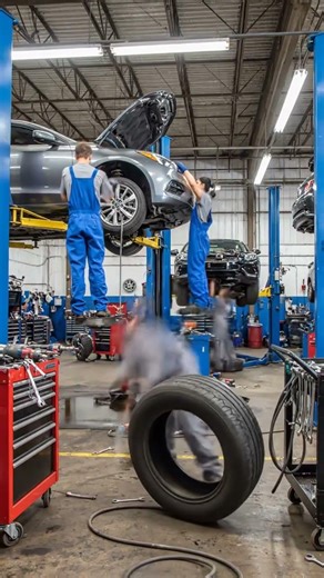 A busy American garage interior, mechanics servicing cars,