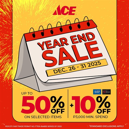 Wrap up the year with unbeatable deals — the ACE Year End Sale is happening December 26–31, 2025! 🎉 Score amazing savings on tools, home essentials, and must-have finds to kick off the new year right. Shop smart, save big, and end the year with ACE—at your nearest ACE branch nationwide! 🛠️✨ #ACEHardwarePH #ACEHelpful | ACE Hardware Philippines
