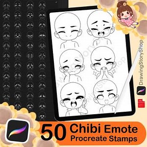 50 Chibi Emote Stamps for Procreate, Chibi character brush,V.2
