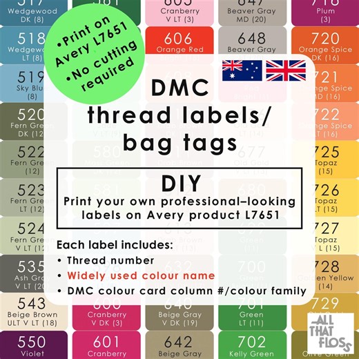 DMC Thread Labels | Avery L7651 | Colour Names (popular) & Numbers | Instant PDF Download (australasia, UK) - Etsy