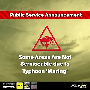 Announcement: Due to typhoon 'Maring', some areas are temporarily not serviceable including: Baguio City Abra Ilocos Norte Vigan Pangasinan La Union Ilocos Norte For any concerns, you may send us a direct message. You may also reach us through our customer service hotline 02-8539-4002 or send an e-mail to customerservice@flashexpress.ph. Rest assured that we will inform our customers once our operations gets back to normal in these areas. Keep safe! #FlashExpress #FlashExpressPH | Flash Express 