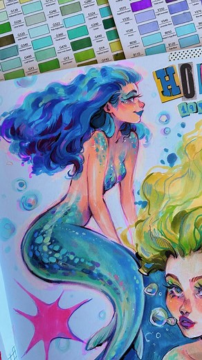 Gretel Lusky on Instagram: "Drawing the mermaids from THAT scene from Hook 1991 💙💚 literally one of the most stunning mermaid moments in movie history 😭 I’m using @ohuhuart markers on a Rendr sketchbook! . . #mermaid #peterpan #hookmovie #artprocesses #drawingprocess #artistsoninstagram #sketchbook #traditionalart #fantasyart"