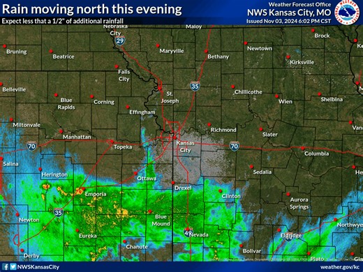 Radar shows more rain moving north this evening. Expect less than a 1/2 inch of additional rainfall accumulation tonight. For Monday expect more widespread rainfall again in the afternoon. | US National Weather Service Kansas City Missouri