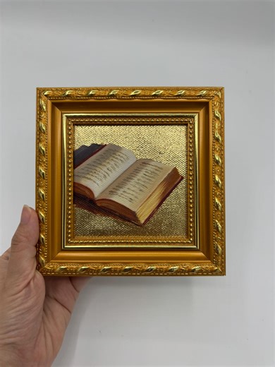 Gold Leaf Oil Painting, Hand-painted Framed Original Art, Canvas Artwork, Gift for Reading Lover, Gold Frame Wall Decor, Book - Etsy