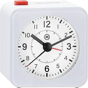 MARATHON Mini Non-Ticking Analog Alarm Clock with Auto Blacklight - Silent Smooth Sweep - Alarm & Snooze Functions - Two AAA Batteries Included, White/White