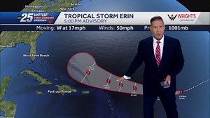 Tropical Storm Erin strengthens as it moves westward in the Atlantic