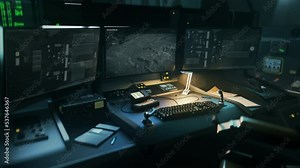 Operating the high tech radar scanner system from the military control room. High tech radar scanner searches for the target. High tech radar scanner ui identifies the position of the rival forces.