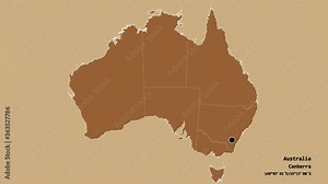 Queensland, state of Australia, with its capital, localized, outlined and zoomed with informative overlays on a solid patterned map in the Stereographic projection. Animation 3D