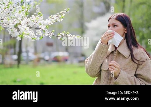 Experiencing discomfort from seasonal allergies, face displays suffering while sneezing and using tissue outdoors. Pollen causes irritation amidst blooming spring nature, unwellness and misery Stock Video Footage - Alamy