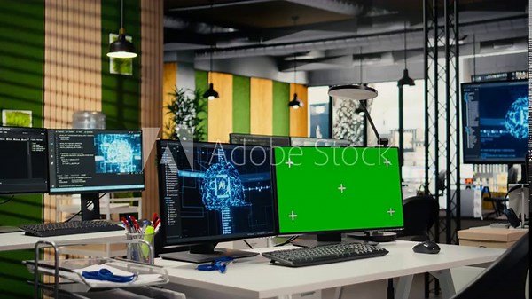 Green screen PCs on office desk used to implement algorithms enabling machine learning. Artificial intelligence technology company workspace with chroma key computers used to conduct code reviews