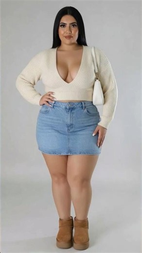 Plus Size Cream Knit Crop Sweater & Denim Mini Skirt | Cozy Curvy Fall Casual Look 🤍👖