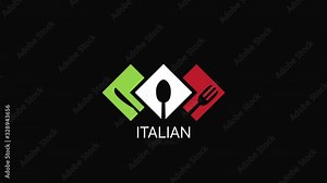 Italian food icon. Italian flag symbol Spoon fork and knife signs. 4K animation footage clip