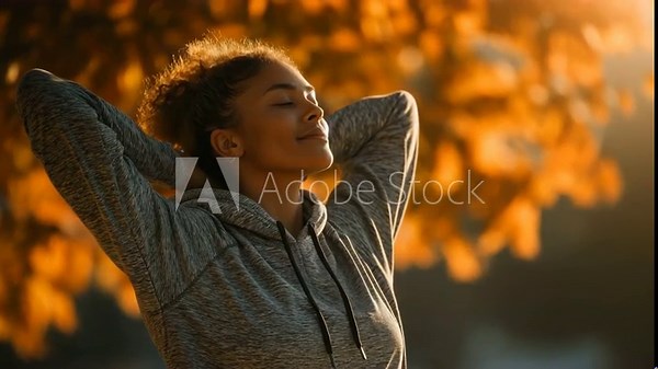at the fall, a young black woman is working out at a park. Before jogging, she is stretching her body.