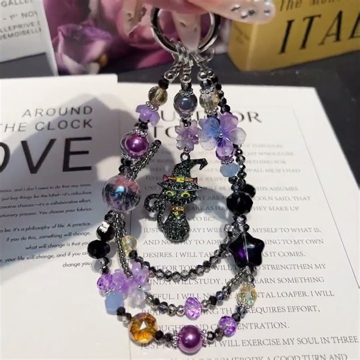 Handmade Halloween Rhinestone Skull Witch Cat Phone Charm Aesthetic Bag Key Pendant