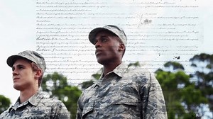 Standing with Constitution text overlay, U.S. Air Force personnel in focus. Military, patriotism, armed forces, defense, service, uniform