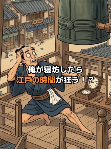 【プレッシャーMAX】江戸の時間が止まる！？「時の鐘打ち」の絶望ルーティン 寝坊したら江戸の町が大パニック！？ 江戸100万人の「時間」を支配する男のプレッシャーMAXな1日。 当時は季節によって1時間の長さが変わる「不定時法」が使われていたため、毎日手作業で和時計の微調整を行い、線香を使った緻密な時間管理が必須でした。昼夜問わず約2時間おきに鐘を撞き、昼間は各町を回って自分たちの給料（鐘撞銭）を集金する過酷な生活。彼らの鐘を合図に江戸の人々は時間を知るため、絶対に寝坊が許されない！ 江戸時代に「時の鐘」を撞いていた男たちのルーティン！