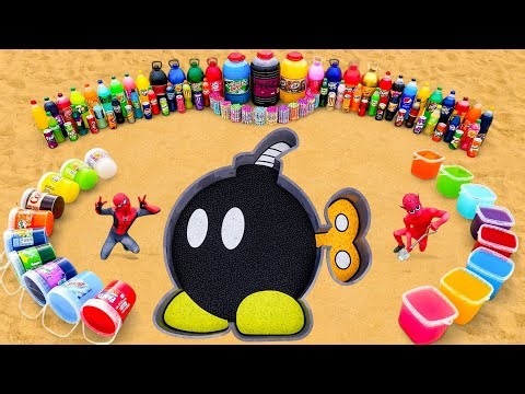 Instructions on how to draw a bomb using Orbeez pellets, a large soda can, and a Coca-Cola can