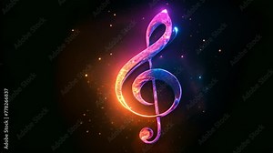 Music key neon colors on black background. Music notes abstract. blue,orange various colors neon Music notes rainbow smoke wave background. Music notes 4k video effect sparkling