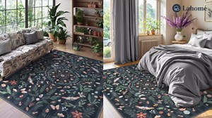 Lahome Washable Insect Botanical 5x7 Area Rugs for Nursery - Machine Washable Non-Slip Navy Blue Bedroom Rug, Boho Low Profile Soft Faux Wool Carpet for Living Room Laundry Playroom Dining Room
