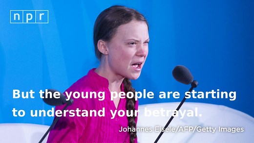 325K views · 12K reactions | "You all come to us young people for hope. How dare you?," Greta Thunberg told world leaders at the U.N. climate summit. "The eyes of all future generations are upon you. And if you choose to fail you, I say we will never forgive you." https://trib.al/gByp3RV | NPR | Facebook