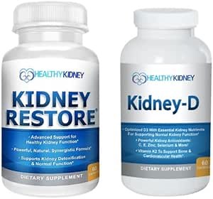 Kidney Restore & Kidney-D 2-Pack Capsules for Kidney Support with Optimized Vitamin D Antioxidants, Kidney Probiotics, Sodium Bicarbonate for Kidney Cleansing