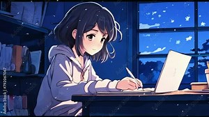 A cartoon lo-Fi girl style a student does her homework at night scene loop, 2D flat anime-style, anime style 4K Looping Music Video Background