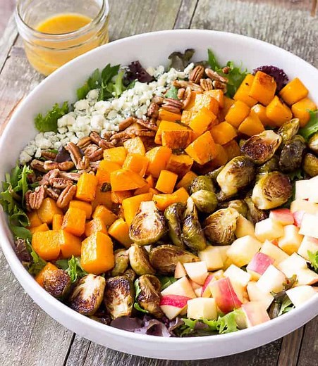 Roasted Butternut Squash & Brussels Sprouts Harvest Salad with Maple Cider Vinaigrette - The Wholesome Dish