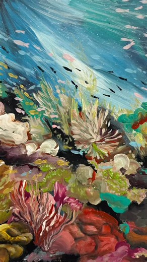 Framing this little underwater world today, and it’s ready to find a new home. 💙🌊 It’s such a joyful scene, full of colour, movement, and those playful little fish darting around the corals. I also added a small animated video so you can see how the currents flow through the painting… it really brings the whole piece to life, and I think it looks so much fun! I had an absolute blast creating this one, and I hope whoever takes it home feels the same joy I felt while painting it. 🐠✨ Now on @blu