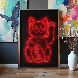 Manekineko rouge néon à imprimer – Chat porte-bonheur futuriste à télécharger, art cyber pop japonais - Etsy France