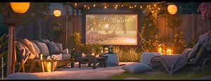 Outdoor movie night with a projector, cozy seating, and fairy lights, 4K hyperrealistic photo. 4K Video