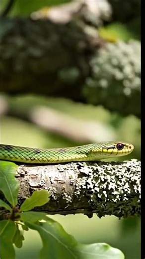vibrant green snake with a yellowish head rests on a lichen-covered tree branch.