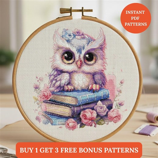 Owl With Books Cross Stitch Pattern PDF | Cottagecore Birds Embroidery Needlepoint Chart | Digital Download Punto De Cruz,point De Croix - Etsy
