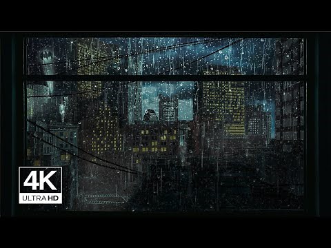 4K Batman Gotham city window view - Relaxation, Sleep, Night rain, Study, Ambience, Cosy (asmr)