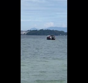 Crocodile spotted swimming in the sea near tourist area in Port Dickson, Malaysia