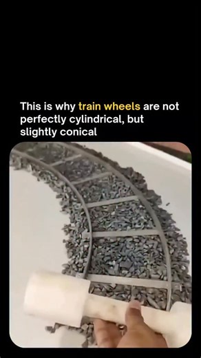 Motivation | Wealth | Education on Instagram: "Train wheels utilize a conical geometry rather than a flat cylindrical shape to achieve self-centering stability through the principle of differential rolling diameters. When a train enters a curve, centrifugal force shifts the wheelset outward, causing the outer wheel to ride on its larger diameter (near the flange) while the inner wheel rides on its smaller diameter. This creates a linear velocity difference between the two wheels—even though they