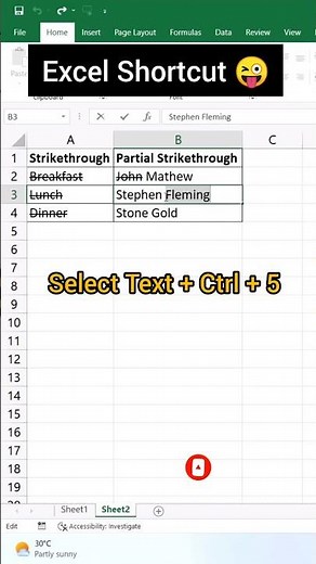 Excel Shortcut Keys - Strikethrough Text in Excel #excel #short #shorts