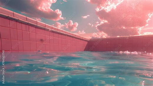 Aerial view from above to below the water surface of the swimming pool. Flying camera over water 4k