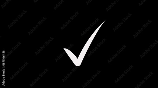 Animated tick mark icon on black background, check mark icon, correct vote, completed task, approved and verified selection