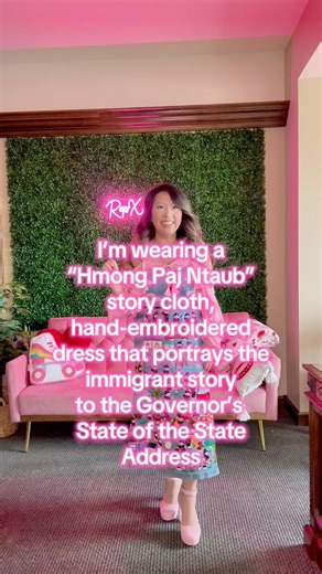 Tonight at Governor Gretchen Whitmer’s final State of the State Address, I am honoring the stories of all the immigrant families who’ve made Michigan their home by wearing this handstiched and hand embroidered denim dress, a modern twist from the traditional “Paj Ntaub” - Hmong Story Cloth that depicts the way of life for so many: families having feasts and gathering around the kitchen table to enjoy each others company. #MISOTS26 #michigan #hmong #immigrant #pajntaub #ootd | State Representativ